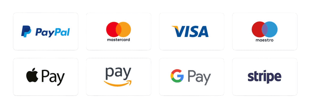 Payment methods: PayPal, Mastercard, Visa, Maestro, Apple Pay, Amazon Pay, Google Pay, and Stripe