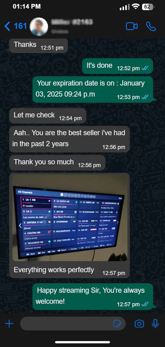 Customer message confirming their television playback works perfectly