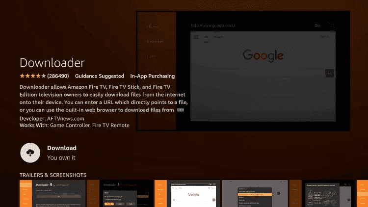 Downloader listing in the Amazon Appstore, free on every Fire TV Stick