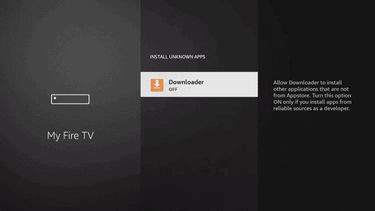 Install unknown apps showing Downloader switched OFF on a Firestick