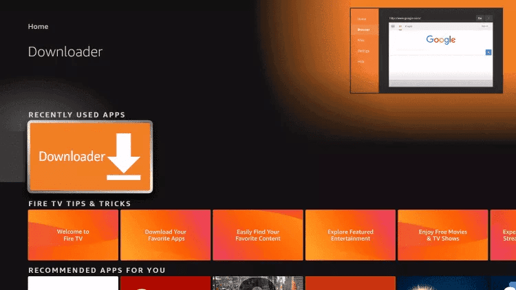 Downloader in Fire TV recently used apps, ready for an IPTV downloader code